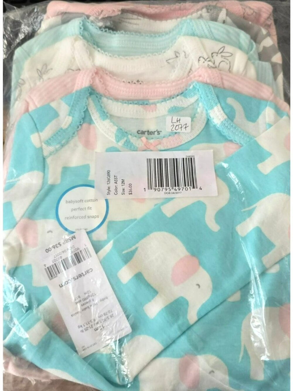 Baby Girls 6-Pack Bodysuits 12M Pastel Elephant Bunny Babysoft Cotton LH2077